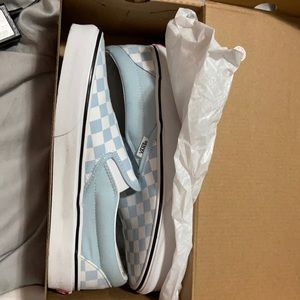 Classic slip on (checkerboard) baby blue Vans
